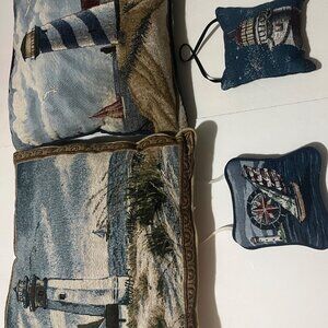 1 lot of four Decorative Lighthouse Tapestry Throw Pillows 2-15", 2-6" Vintage